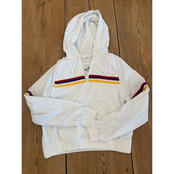 Hollister Hooded White Retro Stripe Pullover Lined Windbreaker 1/4 Zip Small - Picture 1 of 6